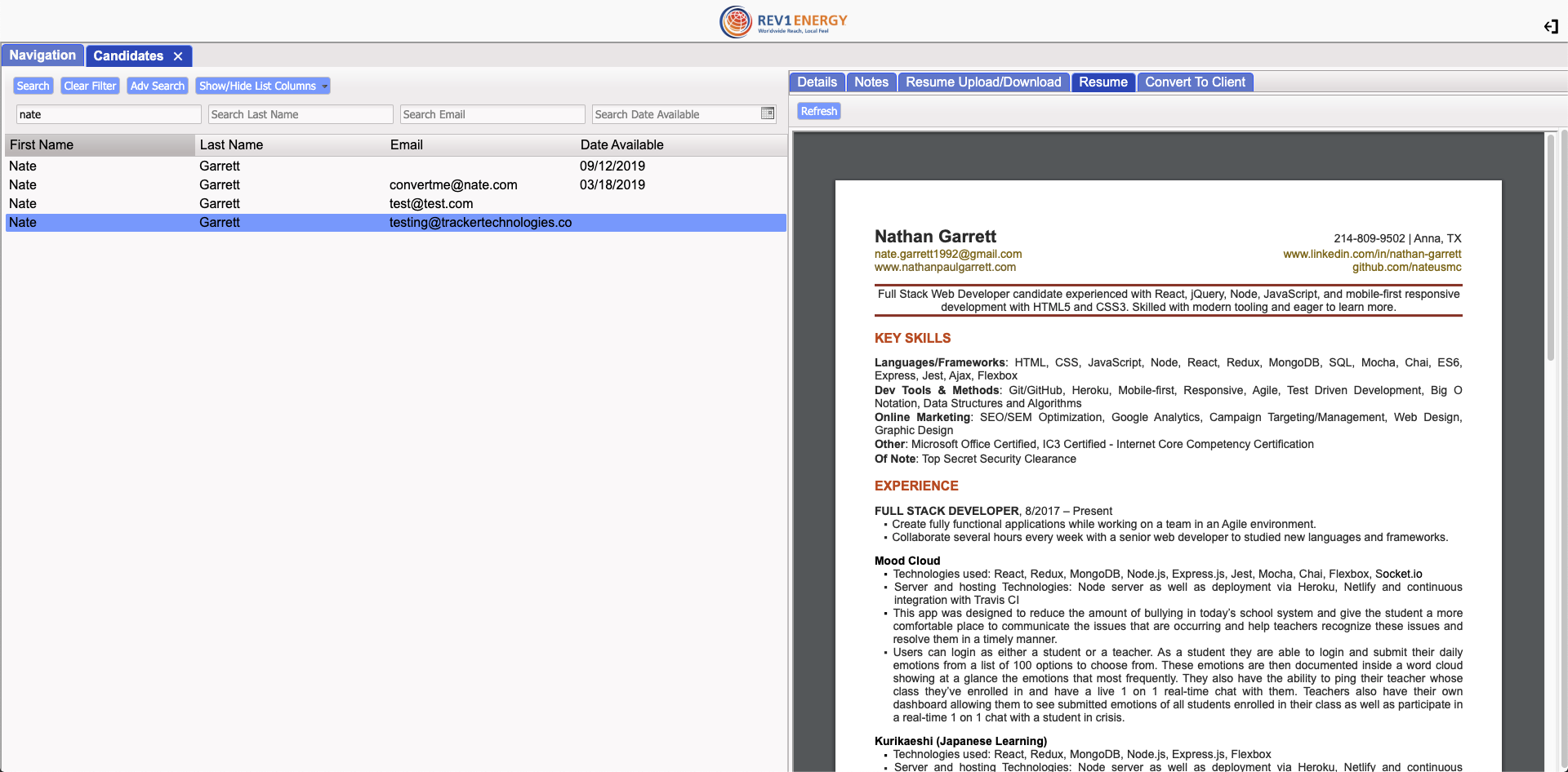 Rev1 Power Services ATS Web App Screenshot
